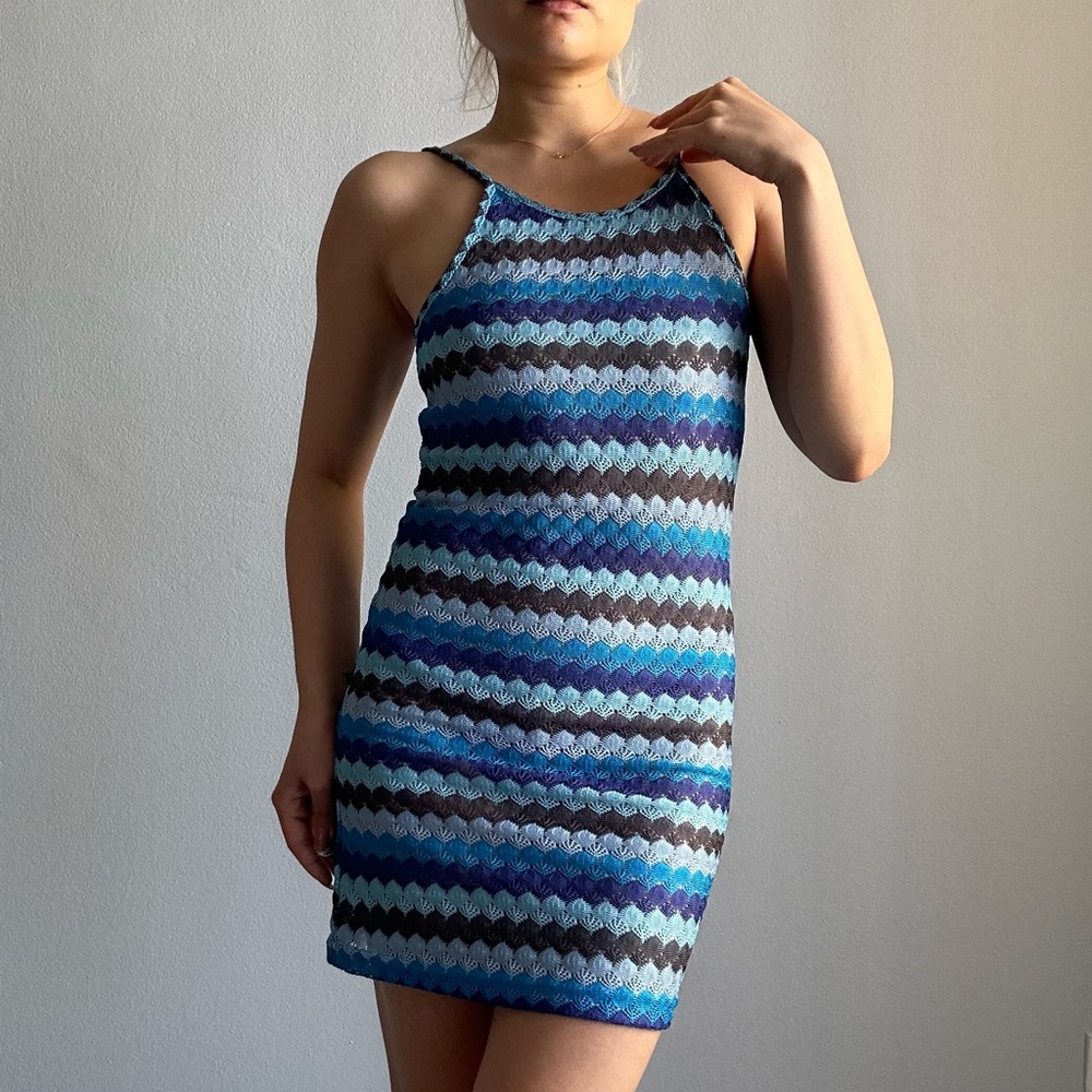 Topshop Crochet Seashell Zigzag Thin Straps Mini Dress in Blue